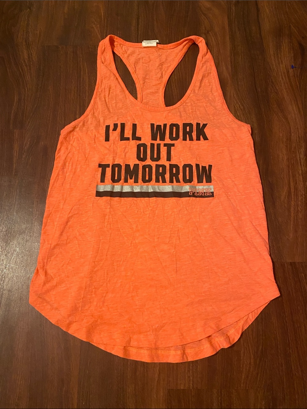 PINK Victoria's Secret Neon Orange Racerback Tank with Bold Text